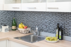Mosaico de azulejos de cocina splashback gris translúcido barras de mosaico de vidrio Crystal piedra gris mate negro MOS87-1403_f