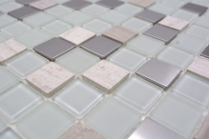 Mosaico de azulejos de cocina splashback autoadhesiva de piedra de acero inoxidable de vidrio blanco de mosaico de piedra de acero de vidrio blanco MOS200-4CM32_f