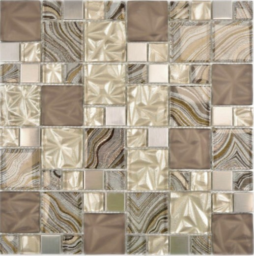 Mosaico de vidrio combinación acero mezcla beige marrón mosaico azulejo pared azulejo backsplash cocina baño MOS88-1207_f