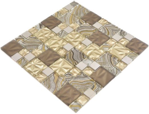 Mosaico de vidrio combinación acero mezcla beige marrón mosaico azulejo pared azulejo backsplash cocina baño MOS88-1207_f