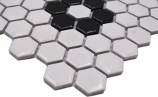 Muestra de mano mosaico azulejo cerámica mosaico hexagonal mezcla beige negro brillante azulejo backsplash baño cocina MOS11A-0113G_m