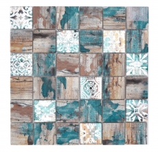 Azulejo de mosaico de vidrio Medio Vintage Patchwork beige pertrol aspecto madera ornamento MOS160-W800