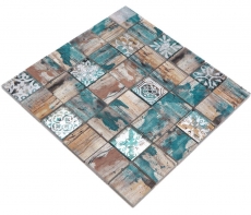 Azulejo de mosaico de vidrio Medio Vintage Patchwork beige pertrol aspecto madera ornamento MOS160-W800