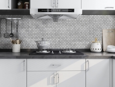 Muestra de mano azulejo mosaico cerámico Button Loop Penny Round Cararra blanco gris mate MOS10-1102GR_m
