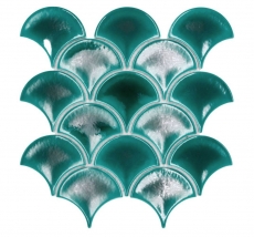 Muestra de mano cerámica mosaico azulejo abanico escamas de pescado uni verde oscuro hielo craquelado estilo MOS13-FS5_m