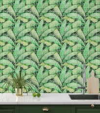 Muestra de mano mosaico de vidrio mosaico azulejo selva tropical verde hojas óptica MOS88-Pic01_m