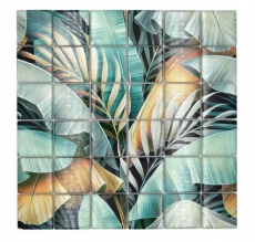 Muestra de mano mosaico de vidrio mosaico azulejo selva tropical verde marrón hojas mirada MOS88-Pic07_m