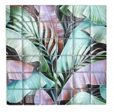 Muestra de mano mosaico de vidrio mosaico azulejo selva tropical verde púrpura hojas óptica MOS88-Pic09_m