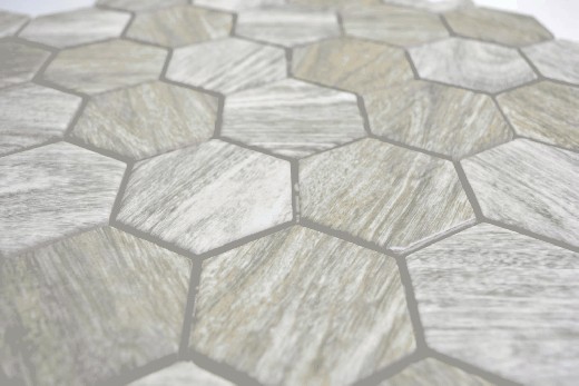 Muestra de mano cerámica mosaico hexágono efecto madera gris mosaico azulejo pared azulejo backsplash cocina baño MOS11H-0200_m