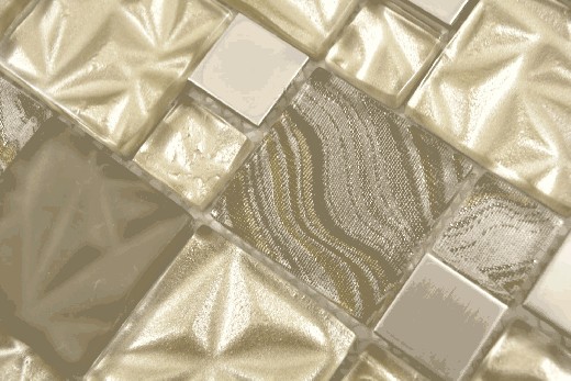 Muestra de mano multi mosaico de vidrio acero mosaico azulejos mezcla beige marrón brillante MOS88-1207_m