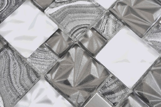 Muestra de mano multi mosaico de vidrio acero mosaico azulejos mezcla gris negro brillante MOS88-1702_m