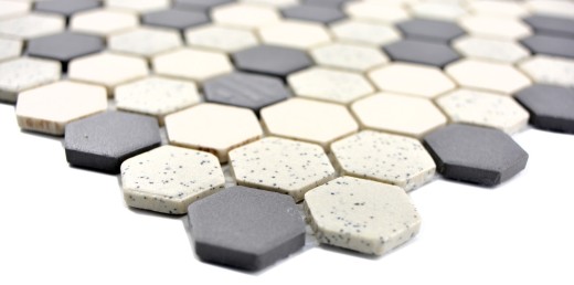 Muestra de mano mosaico azulejo cerámica beige negro Hexagaon sin esmaltar MOS11A-0113-R10_m
