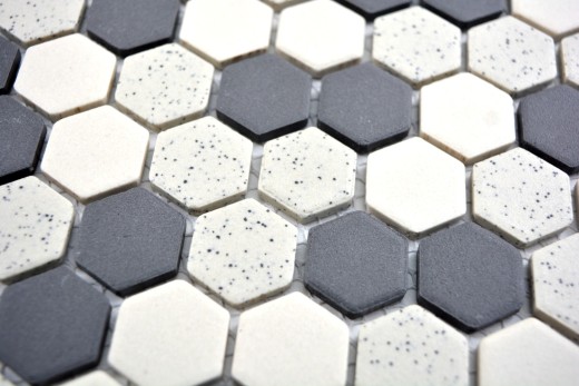 Muestra de mano mosaico azulejo cerámica beige negro Hexagaon sin esmaltar MOS11A-0113-R10_m