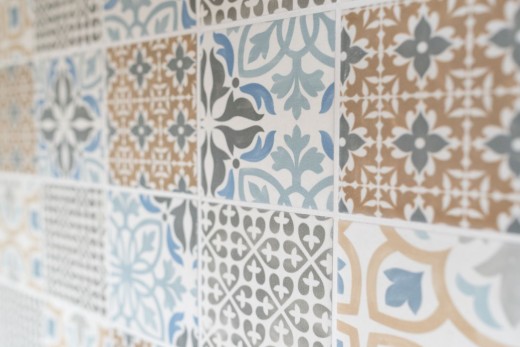 Retro vintage mosaico de azulejos de pared de cerámica crema azul naranja gris mate patchwork - MOS22B-1406