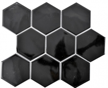 Azulejos de mosaico de cerámica hexágono negro brillante azulejo de la cocina WC azulejo del baño MOS11F-0301_f | 10 esteras de mosaico
