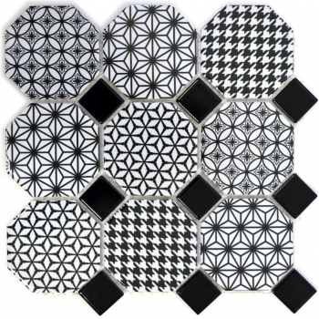 Mosaico de azulejos de cerámica octágono MISTO blanco brillante negro pared de mosaico cocina splashback MOSOcta-0301_f | 10 esteras de mosaico