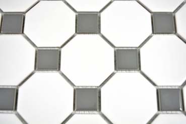 Muestra de mano mosaico azulejo cerámica metal gris octágono blanco mate metal brillante MOS13-0122_m