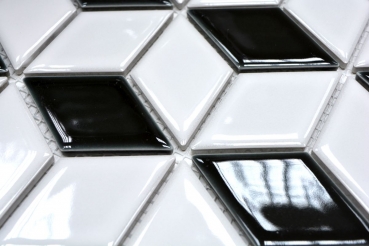 Mosaico de azulejos de cerámica 3D cubo blanco negro brillante azulejos de la pared azulejos de baño MOS13-OV01_f | 10 esteras de mosaico