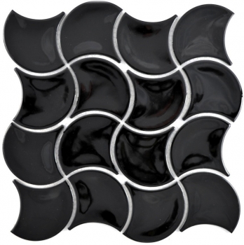 Azulejo de mosaico de cerámica ventilador negro brillante ola azulejo de la pared azulejo del baño MOS13-FSW03_f | 10 esteras de mosaico