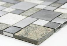 Muestra de mano mosaico azulejo cuarcita piedra natural aluminio plata gris claro beige combinación MOS49-525_m
