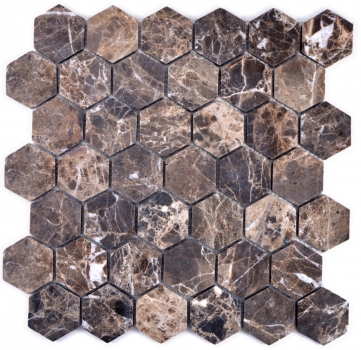 Muestra de mano mosaico azulejo mármol piedra natural Hexágono Impala marrón flameado MOS42-1313_m