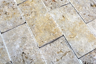 Muestra de mano mosaico azulejo Travertino piedra natural nogal Ladrillo Splitface Noce Travertino 3D MOS43-1210_m