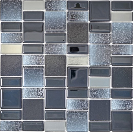 Muestra de mano mosaico azulejo translúcido negro combinación iridiscente de color negro MOS68-035B_m