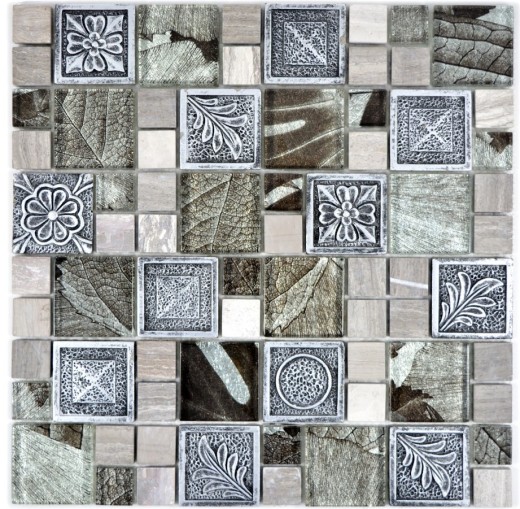 Mosaico de vidrio piedra artificial mosaico azulejos resina plata gris antracita ornamento azulejo espejo pared WC - MOS88-0280