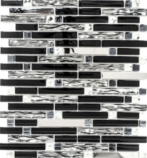 Barras de mosaico de vidrio mosaicos de acero inoxidable negro plata MOS86-0302