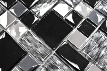 Muestra de mano mosaico azulejo translúcido acero inoxidable negro combinación vidrio mosaico cristal acero negro vidrio MOS88-03689_m