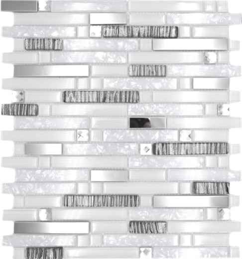 Barras de mosaico de vidrio mosaico de azulejos de acero inoxidable blanco plata MOS86-0104