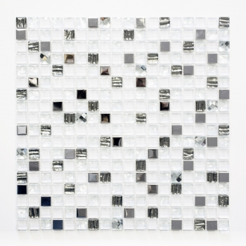 Muestra de mano mosaico azulejo translúcido acero inoxidable vidrio blanco mosaico Cristal acero vidrio blanco MOS92-0107_m