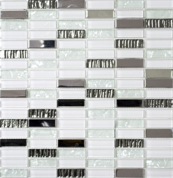 Muestra de mano mosaico azulejo translúcido acero inoxidable blanco varillas de vidrio mosaico Cristal acero blanco vidrio MOS87-0102_m
