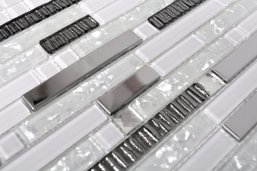 Muestra de mano mosaico azulejo translúcido acero inoxidable blanco compuesto vidrio mosaico Cristal acero blanco vidrio MOS67-GV498_m