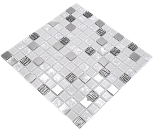 Mosaico de azulejos de acero inoxidable blanco plata vidrio mosaico azulejo MOS63-CM-424