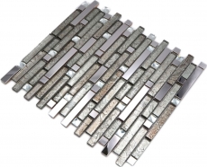 Barras de mosaico de vidrio mosaico de azulejos de acero inoxidable blanco crema plata MOS86-0106