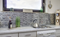 Barras de mosaico de vidrio mosaico de azulejos de acero inoxidable blanco crema plata MOS86-0106