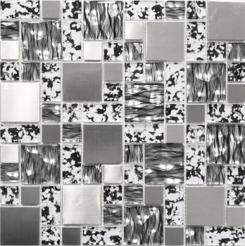 Muestra de mano mosaico azulejo espejo translúcido acero inoxidable negro plata combinación vidrio mosaico cristal acero negro estructura MOS88-0203_m