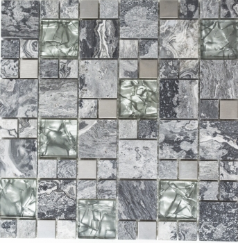 Muestra de mano mosaico azulejo azulejo backsplash translúcido acero inoxidable gris combinación vidrio mosaico cristal piedra acero gris MOS88-0204_m