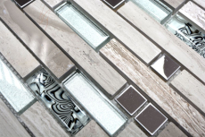 Mosaico de vidrio de piedra natural barras de mosaico de azulejos de acero inoxidable de plata de color beige claro gris blanco revestimiento de la pared de la cocina - MOS86-0108