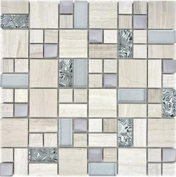 Muestra de mano mosaico azulejo translúcido acero inoxidable gris blanco combinación vidrio mosaico cristal piedra acero blanco madera MOS88-0202_m