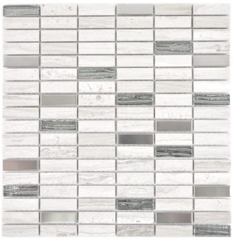 Muestra de mano mosaico azulejo translúcido acero inoxidable gris blanco varillas vidrio mosaico cristal piedra acero madera blanco MOS87-2002_m