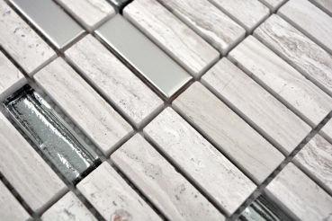 Muestra de mano mosaico azulejo translúcido acero inoxidable gris blanco varillas vidrio mosaico cristal piedra acero madera blanco MOS87-2002_m