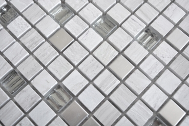 Muestra de mano mosaico azulejo translúcido acero inoxidable gris blanco vidrio mosaico cristal piedra acero madera blanco MOS92-2002_m
