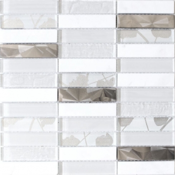 Muestra de mano mosaico azulejo azulejo backsplash acero inoxidable translúcido blanco rectángulo cristal mosaico piedra acero blanco MOS87-11X_m