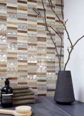 Azulejos de mosaico de vidrio de mosaico de acero inoxidable de piedra natural de color beige crema marrón azulejo espejo de baño de pared inodoro - MOS87-52X