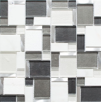 Muestra de mano mosaico azulejo translúcido aluminio blanco gris combinación vidrio mosaico cristal piedra aluminio blanco y gris MOS49-FK02_m