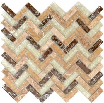 Vidrio de piedra natural de mármol mosaico de azulejos de color marrón claro beige crema en espiga de cristal de cantera cocina salpicadero azulejo backsplash - MOS87HB-1253