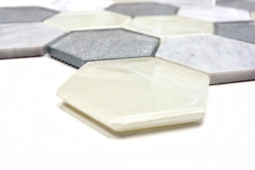 Muestra de mano mosaico azulejo Translúcido gris plata Hexágono mosaico de vidrio Piedra de cristal gris plata MOS11E-88_m