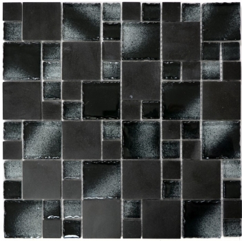 Muestra de mano mosaico azulejo translúcido negro combinación vidrio mosaico cristal piedra negro borde roto MOS88-0304_m